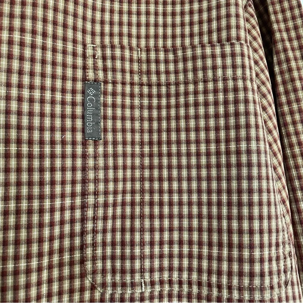 Columbia Long Sleeved Button Down Shirt Burgundy Tan Plaid Size XXL